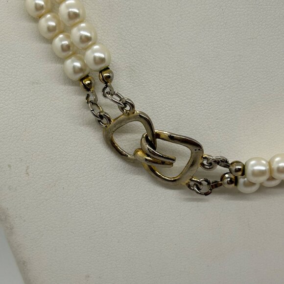 Vintage Faux Pearl Choker Double Strand Necklace With Ornate Pendant Prom Formal - Picture 6 of 15
